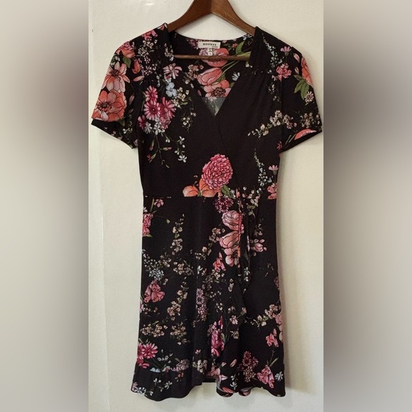 Monteau| Black & Pink Floral Short Sleeve Jersey Wrap Mini Dress Sz L - Picture 4 of 5